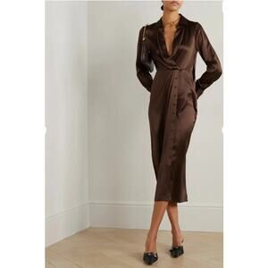 Reformation Dress Womens 6 Lyon Silk Satin Midi Shirt Dress Brown Work Business